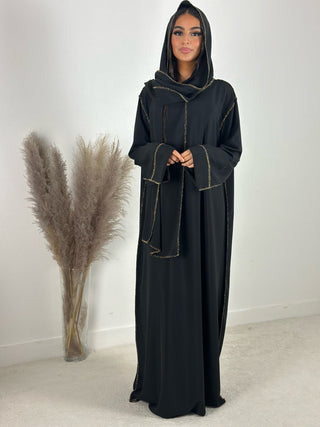 ABAYA VOILE INTÉGRÉ NOIR À BORDURE DORÉ